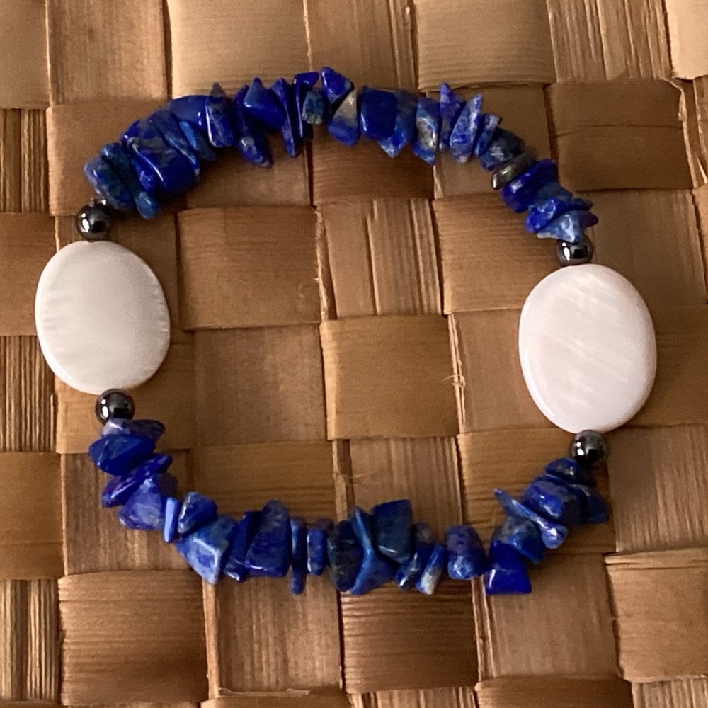 Vintage Lapis Lazuli Bracelet, Mother of Pearl, & Hematite Handmade in Maui